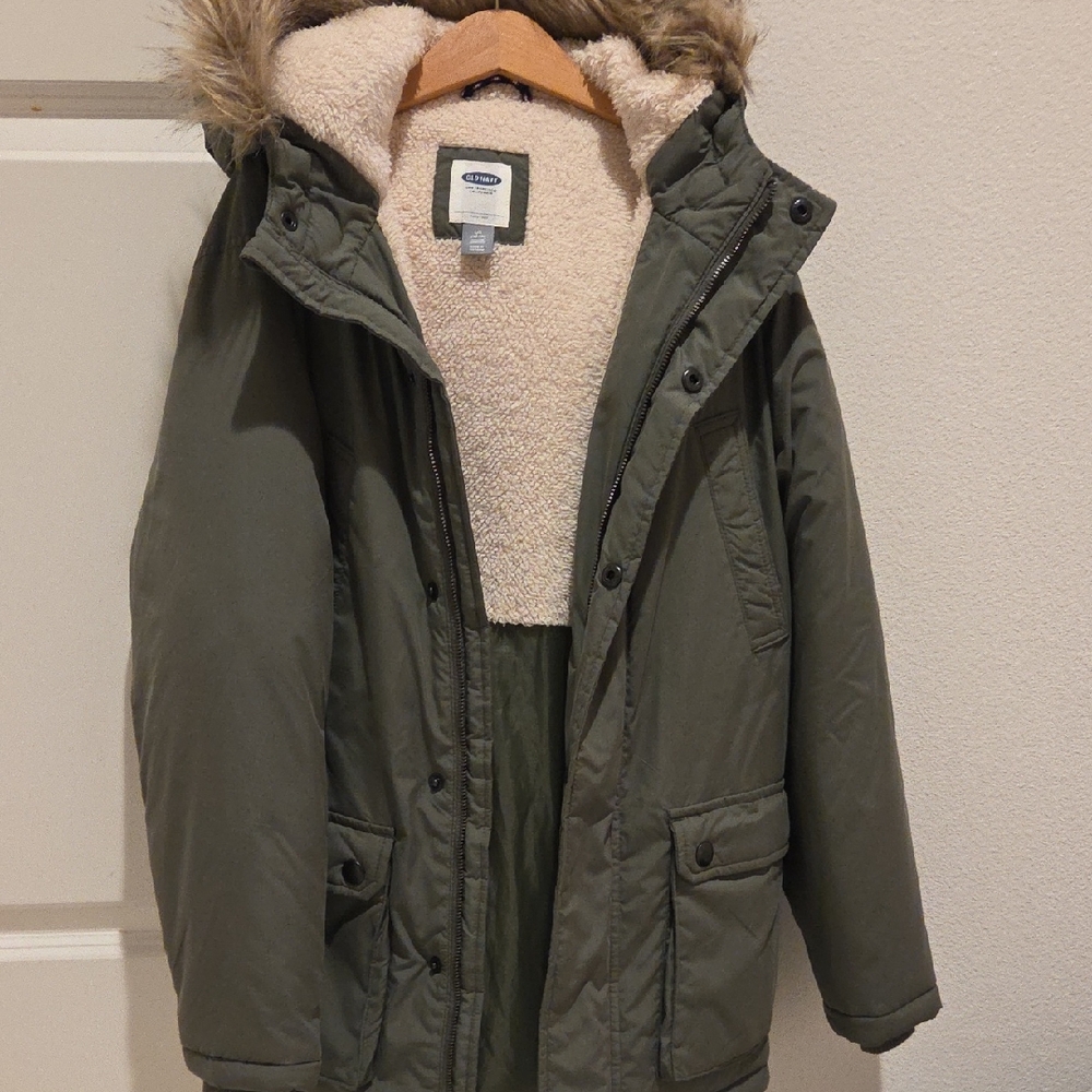Old Navy Kids Olive Green Puffer Jacket with Faux Fur Hood